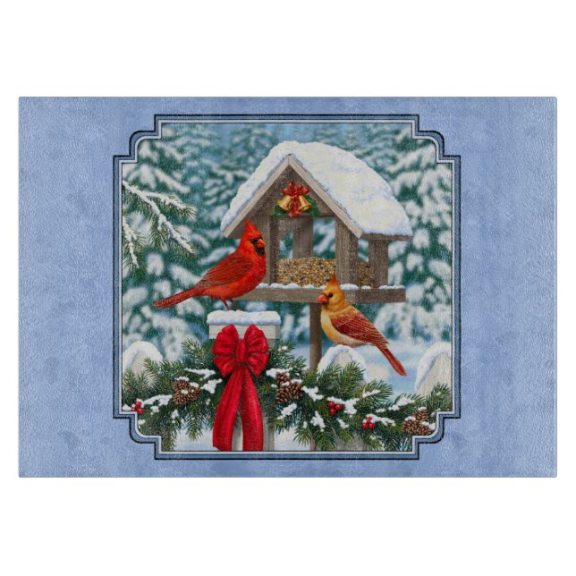 Cardinals Christmas Feast Blue Cutting Board (Front)
