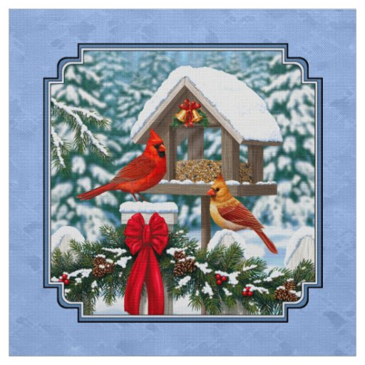 Cardinals Christmas Feast Blue Fabric