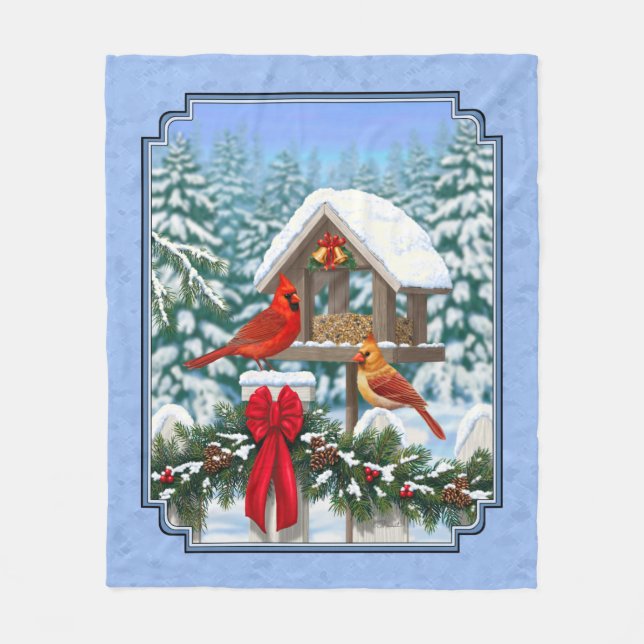 Cardinals Christmas Feast Blue Fleece Blanket (Front)