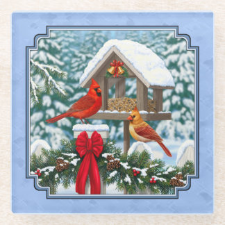 Cardinals Christmas Feast Blue Glass Coaster