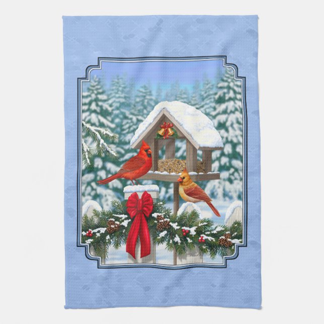 Cardinals Christmas Feast Blue Kitchen Towel (Vertical)