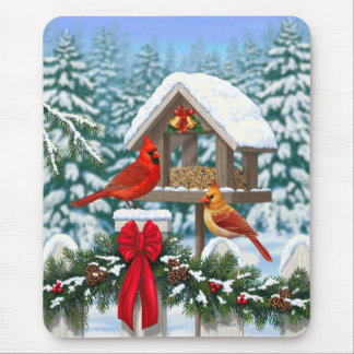 Cardinals Christmas Feast Blue Mouse Pad