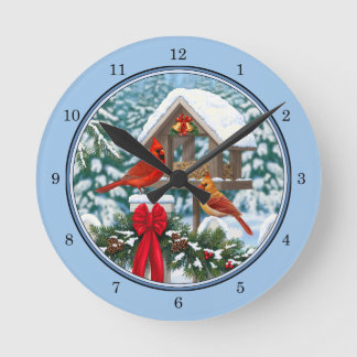 Cardinals Christmas Feast Blue Round Clock