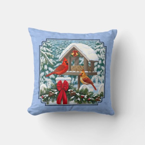 Cardinals Christmas Feast Blue Throw Pillow