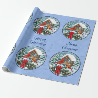 Cardinals Christmas Feast Blue Wrapping Paper