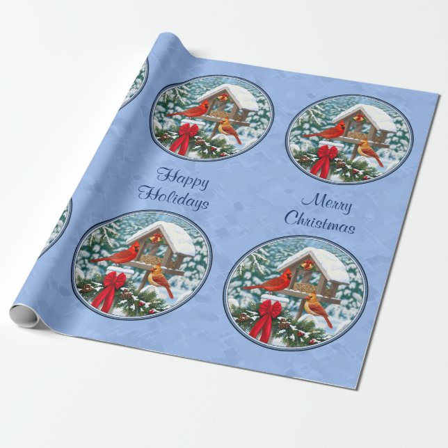 Cardinals Christmas Feast Blue Wrapping Paper (Unrolled)