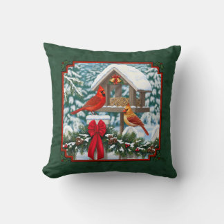 Cardinals Christmas Feast Green Throw Pillow