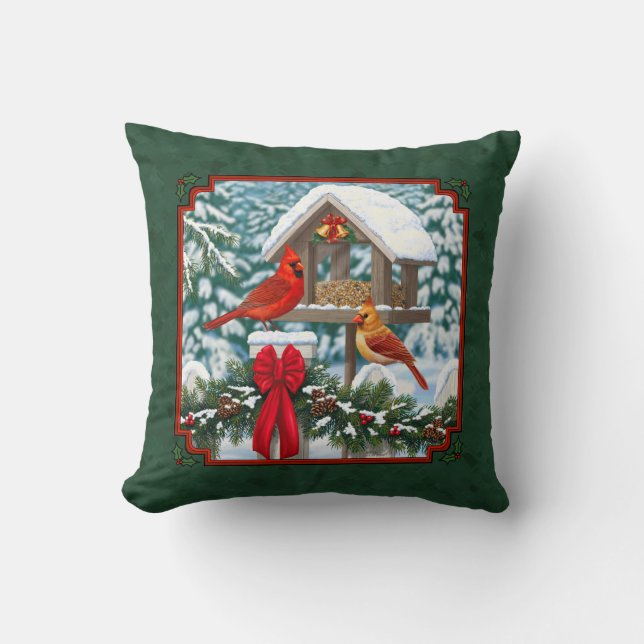 Cardinals Christmas Feast Green Throw Pillow (Front)