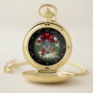Cardinals ~ Christmas Wreath ~ Night Sky ~ Pocket Watch