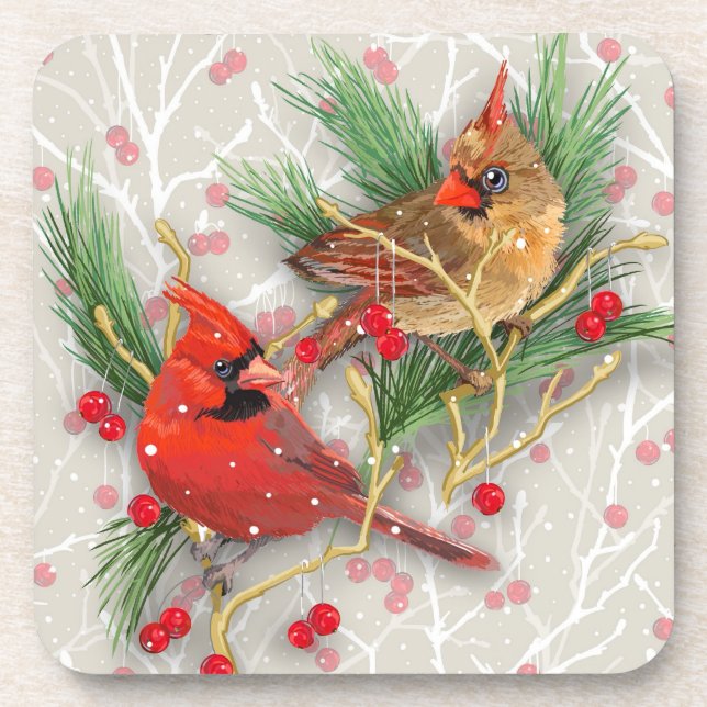 Cardinals Couple Christmas Beverage Coaster (Front)