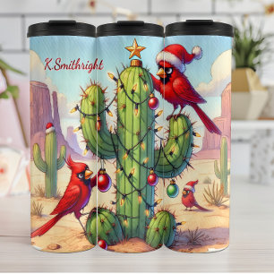 Cardinals Decorating a Cactus Thermal Tumbler