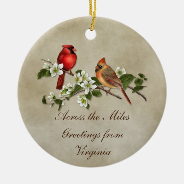 Cardinals Dogwoods Across The Miles Christmas Ceramic Ornament (Front)