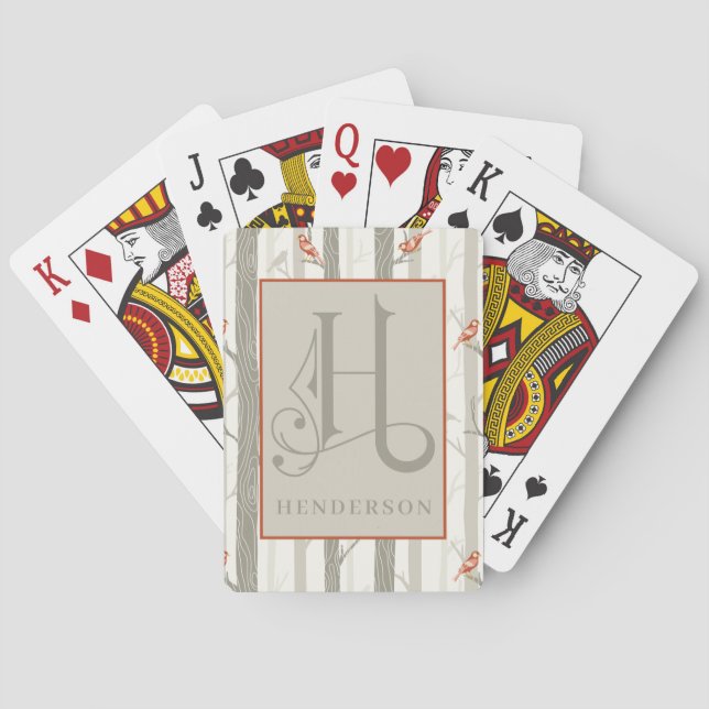 Cardinals in Birch Tree Pattern H Monogram, Bicycl Poker Cards (Back)