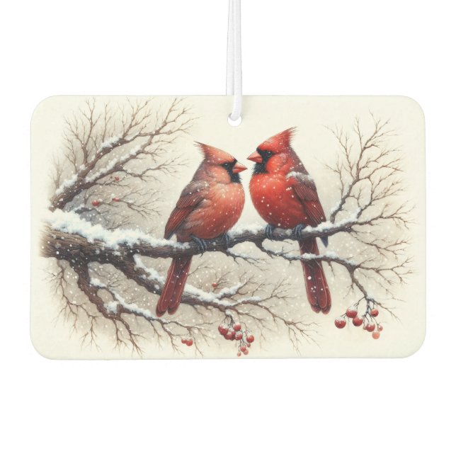 Cardinals in Snow on Tree Branch Red Berries  Air Freshener (Front)