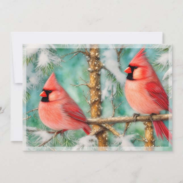 Cardinals in snowy tree, budget Christmas Holiday Card (Front)