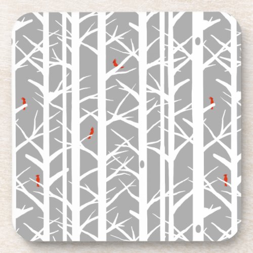 Cardinals in the Birch Trees in Light Gray Beverage Coaster