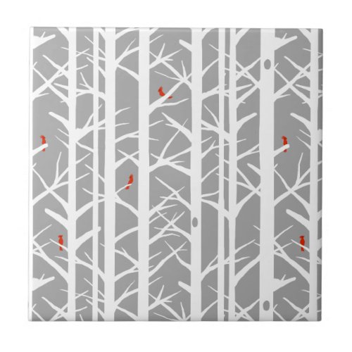 Cardinals in the Birch Trees in Light Gray Ceramic Tile
