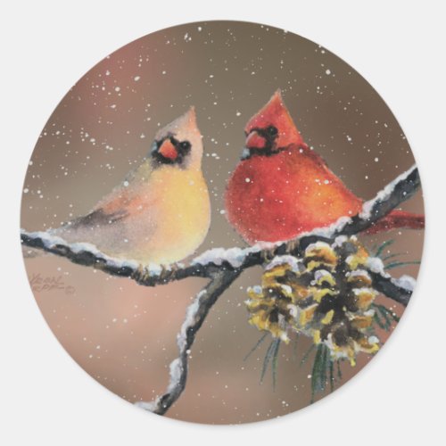CARDINALS in the SNOW by SHARON SHARPE Classic Round Sticker