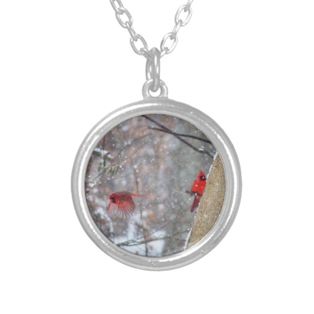 Cardinals in the Snow Silver Plated Necklace (Front)