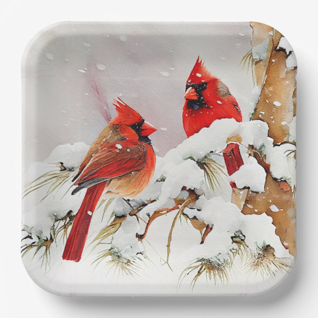Cardinals in Winter Snow and Evergreen Tree Scene Paper Plates (Front)