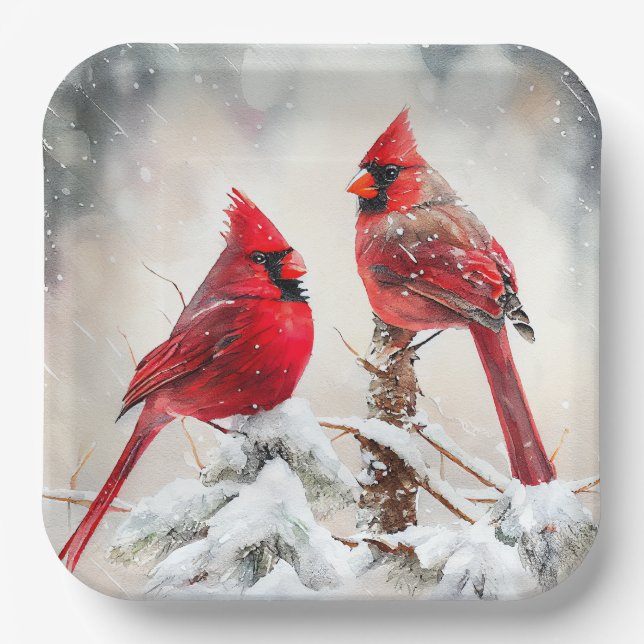 Cardinals in Winter Snow and Evergreen Tree Scene Paper Plates (Front)