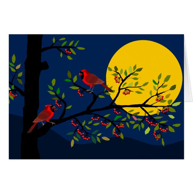 Cardinals On Branch Full Moon All-Occasion Card (Front Horizontal)