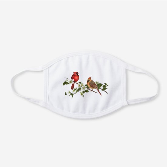 Cardinals on Dogwood Branch White Cotton Face Mask