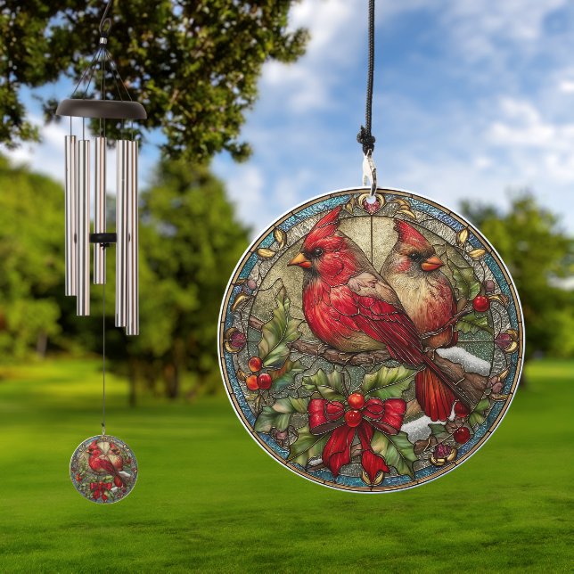 Cardinals on Holly Branch with Red Ribbon Wind Chime (Outdoor)