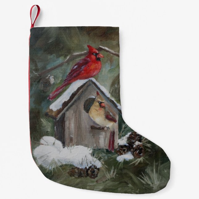 Cardinals on Snowy Birdhouse Small Christmas Stocking (Front)