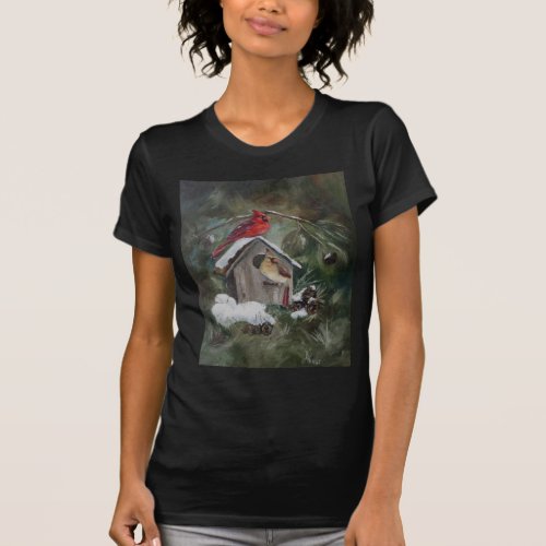 Cardinals On Snowy Birdhouse T_Shirt