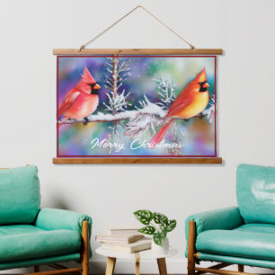 Cardinals on snowy branch hanging tapestry