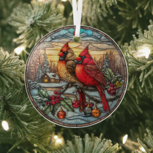 Cardinals on Snowy Branch with Holly Glass Ornament