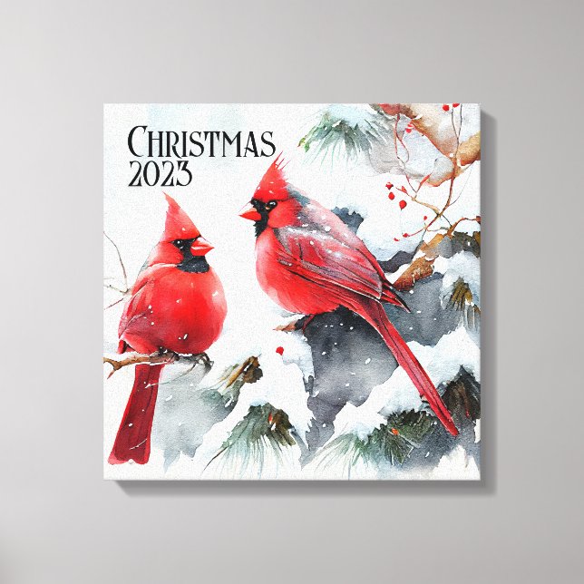 Cardinals on Snowy Tree a Customizable Christmas Canvas Print (Front)