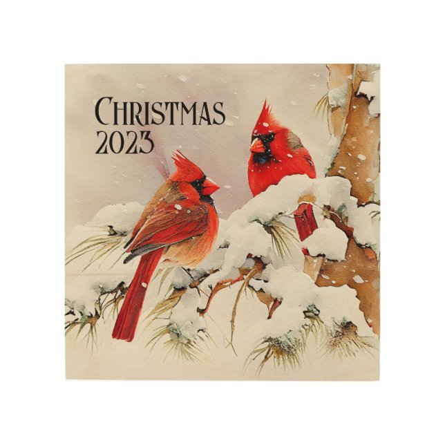 Cardinals on Snowy Tree a Customizable Christmas Wood Wall Art (Front)