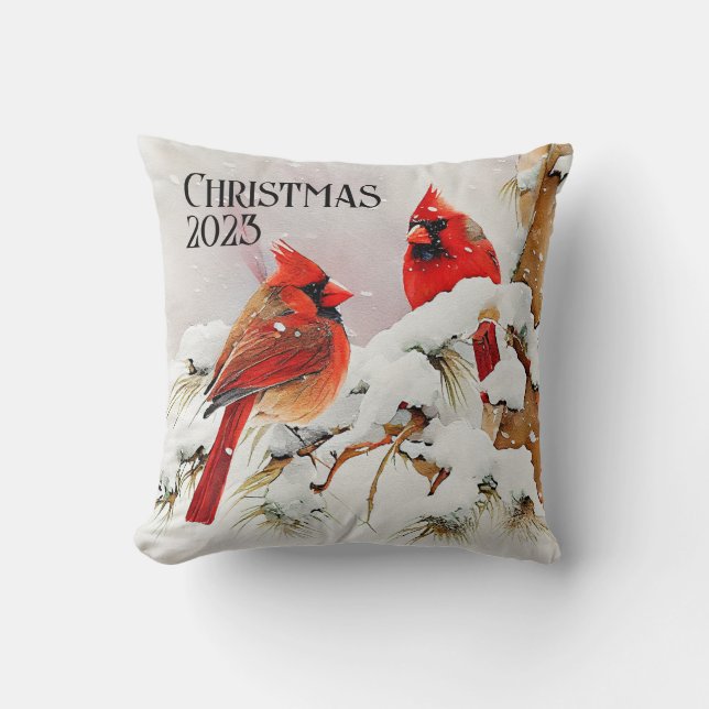 Cardinals on Snowy Tree Branch a Winter Holiday Throw Pillow (Front)