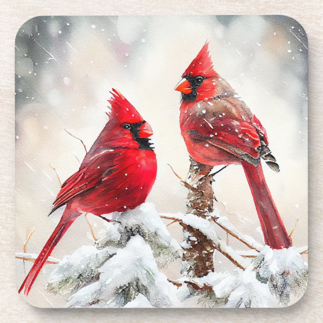 Cardinals on Snowy Tree Branch in Christmas Winter Beverage Coaster (Front)