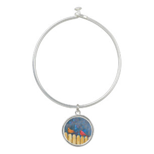 Cardinals on the Fence Painting - Original Art Bangle Bracelet