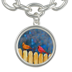 Cardinals on the Fence Painting - Original Art Bracelet