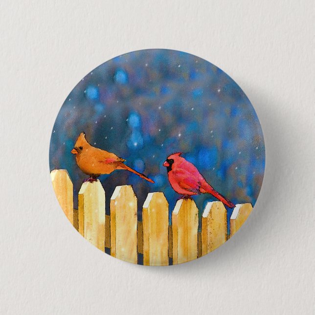 Cardinals on the Fence Painting - Original Art Button (Front)