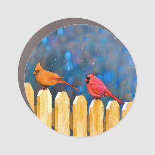 Cardinals on the Fence Painting - Original Art Car Magnet