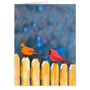 Cardinals on the Fence Painting - Original Art Card