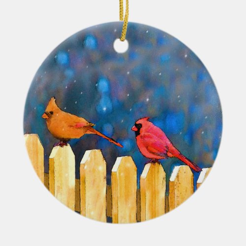 Cardinals on the Fence Painting _ Original Art Ceramic Ornament