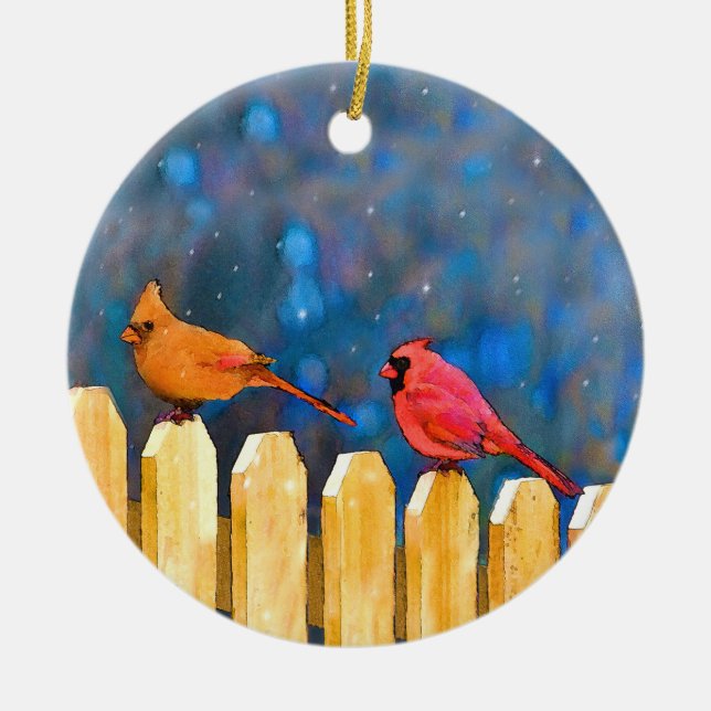 Cardinals on the Fence Painting - Original Art Ceramic Ornament (Front)