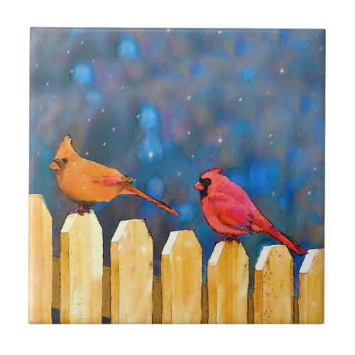 Cardinals on the Fence Painting _ Original Art Ceramic Tile