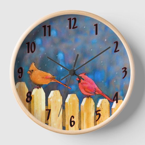 Cardinals on the Fence Painting _ Original Art Clock