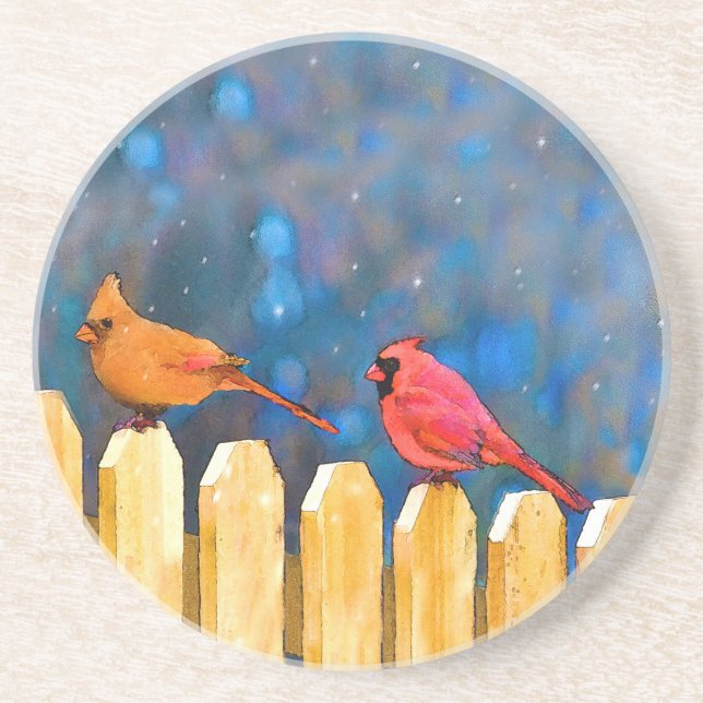 Cardinals on the Fence Painting - Original Art Coaster (Front)
