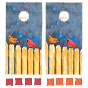 Cardinals on the Fence Painting - Original Art Cornhole Set