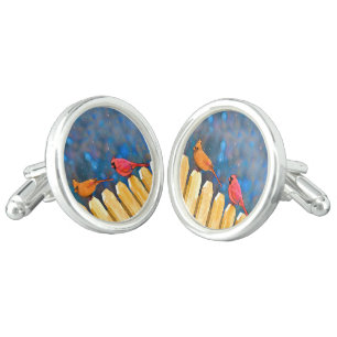 Cardinals on the Fence Painting - Original Art Cufflinks