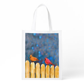 Cardinals on the Fence Painting - Original Art Grocery Bag