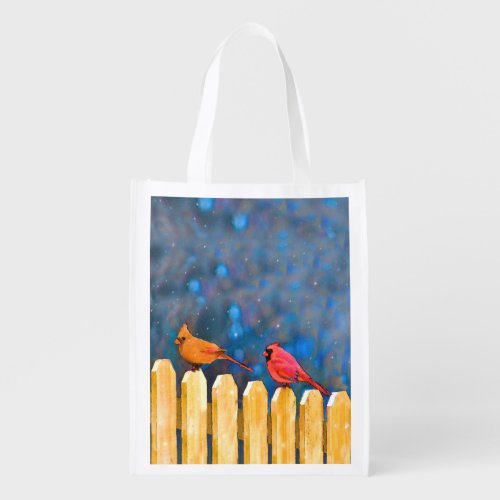 Cardinals on the Fence Painting _ Original Art Grocery Bag